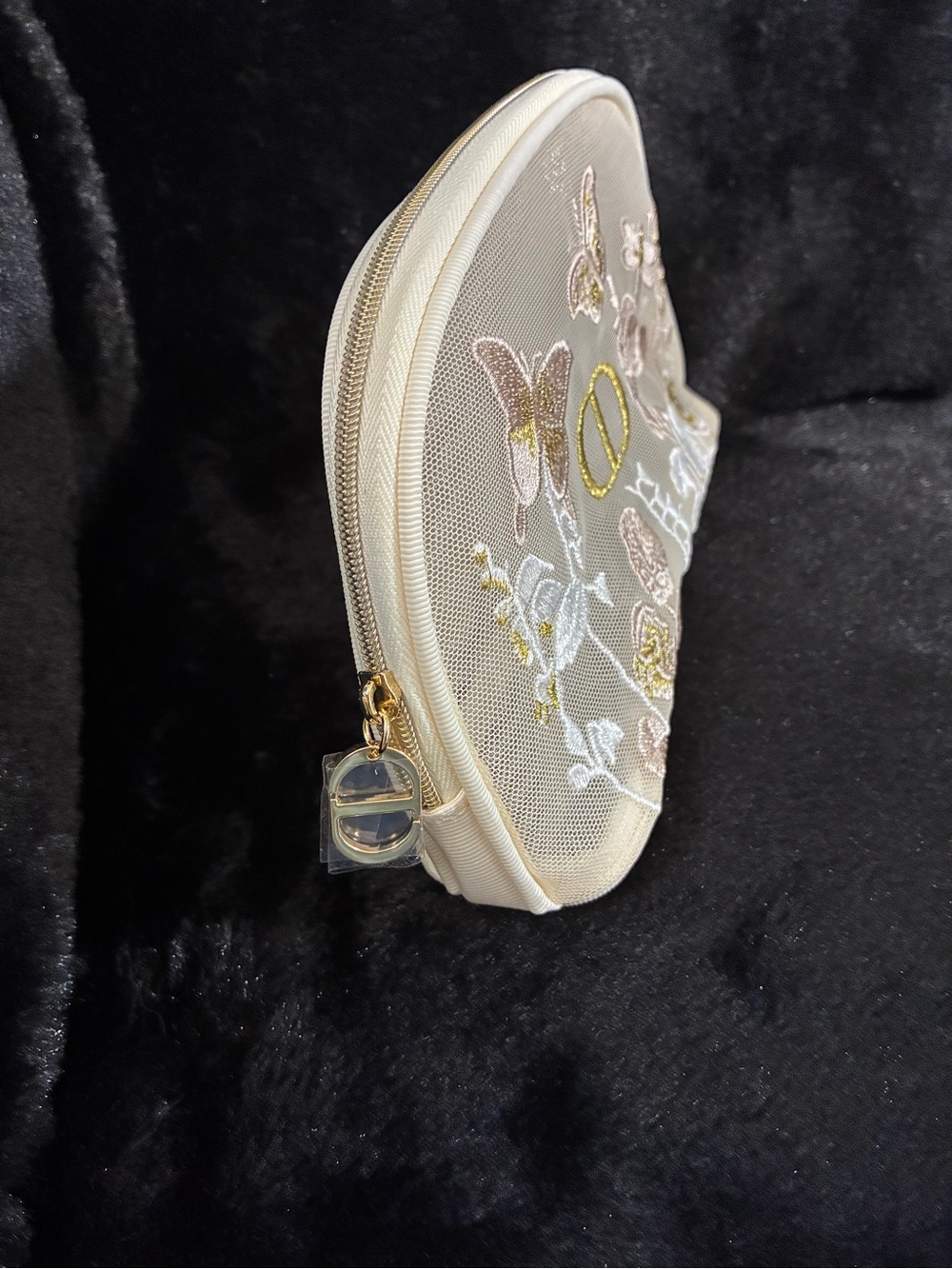 Dior Beige Embroidered Butterfly Cosmetic Pouch with Gold CD Logo - Picture 3 of 9
